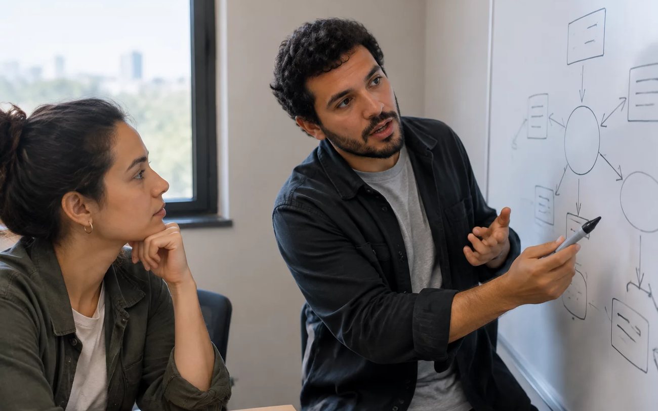 Roda de conversa em volta da mesa comprida: uma participante argumenta e o restante acompanha de caderno aberto
