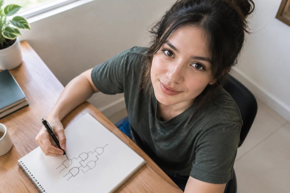 Participante de pé sustentando uma posição enquanto o grupo sentado à mesa toma nota